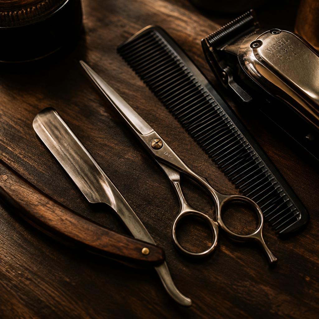Barbering tools: razor, scissors, comb and clippers